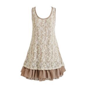 A'reve dress white lace tan under layer sleeveless ruffle L
